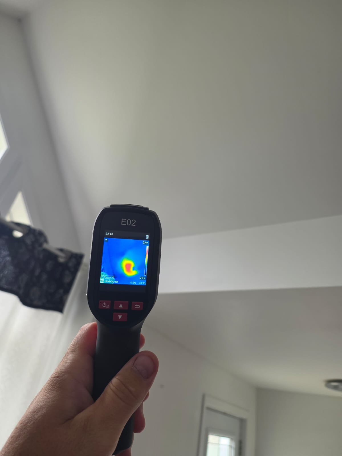 Thermal camera inspection used while locating hidden insect activity in a ceiling